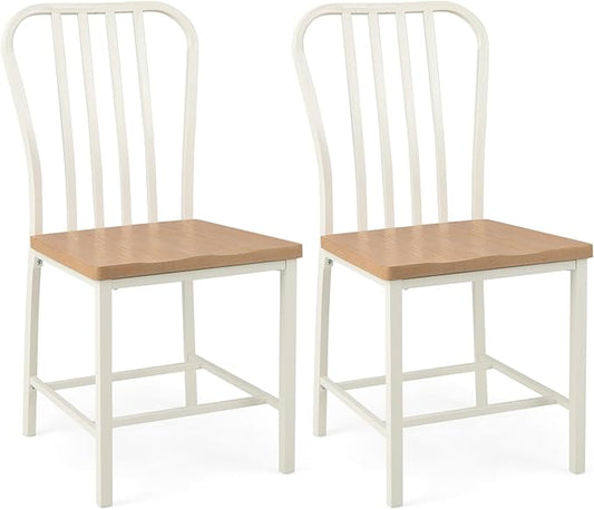Giantex Dining Chairs Set of 2, Farmhouse Kitchen Chairs with Slat Back, Solid Metal Frame, Dining Side Chairs w/Extra Wide Wooden Seat 18" x 17"(L x W), Heavy Duty Armless Dining Room Chairs, Beige