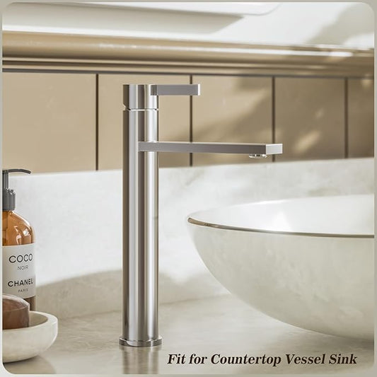 Phiestina Chrome Tall 1 Hole Bathroom Vessel Sink Faucet, Single Hole Single Handle Modern Bathroom Faucet, with Pop Up Drain and Water Supply Line, FH02-C-V