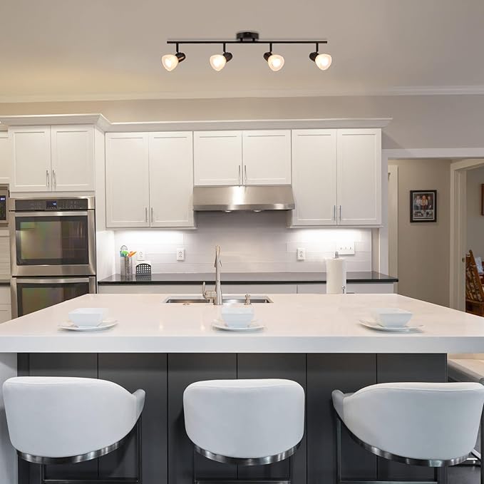 XiNBEi Lighting Track Light, 4 Light Track Bar Lighting with Glass, Modern Black Kitchen Ceiling Light XB-TR1237-4-MB