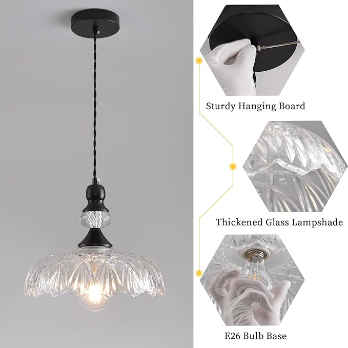 Vintage Glass Pendant Lights Fixture Modern Black Chandelier Adjustable Hanging Light Farmhouse Kitchen Island Lighting for Bedroom Dining Room Living Room Hotel