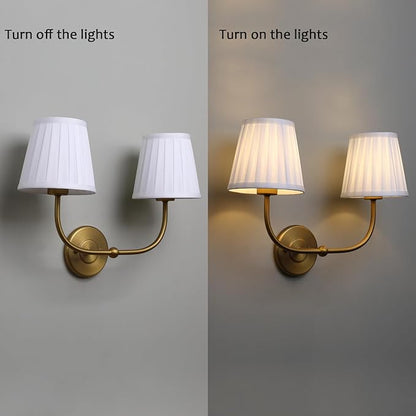PERMO Vintage Wall Sconce Double Gold wall sconces with Pleated White Stripe Fabric Shades Retro 2 Lights Wall Sconce Hardwired for Living Room Bedroom Hallway