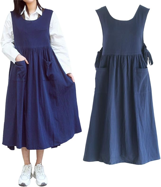 Women Plus Size Cotton Linen Vintage Pleated Split Apron Pinafore Dress with Two Pockets