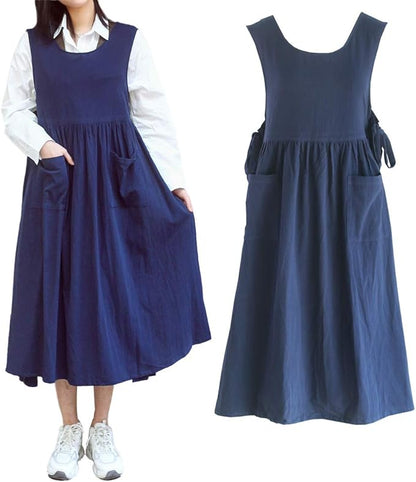 Women Plus Size Cotton Linen Vintage Pleated Split Apron Pinafore Dress with Two Pockets