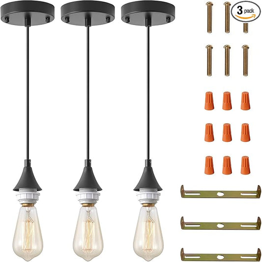 Vintage Black Pendant Light Kit,E26 Lamp Socket DIY Pendant Light Cord,Adjustable Hanging Light Fixtures for Kitchen,3Pack