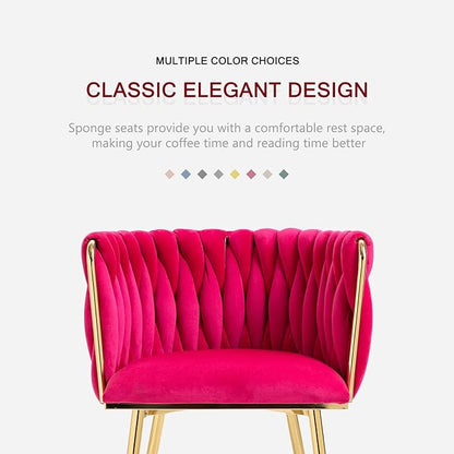 Nrizc Woven Dining Chairs Set of 6, Velvet Upholstered Dining Chairs with Gold Metal Legs, Modern Accent Chairs for Living Room, Dining Room, Kitchen (Rose Red)