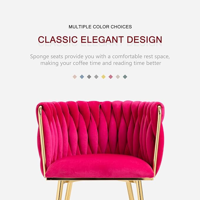 Nrizc Woven Dining Chairs Set of 2, Velvet Upholstered Dining Chairs with Gold Metal Legs, Modern Accent Chairs for Living Room, Dining Room, Kitchen (Rose Red)
