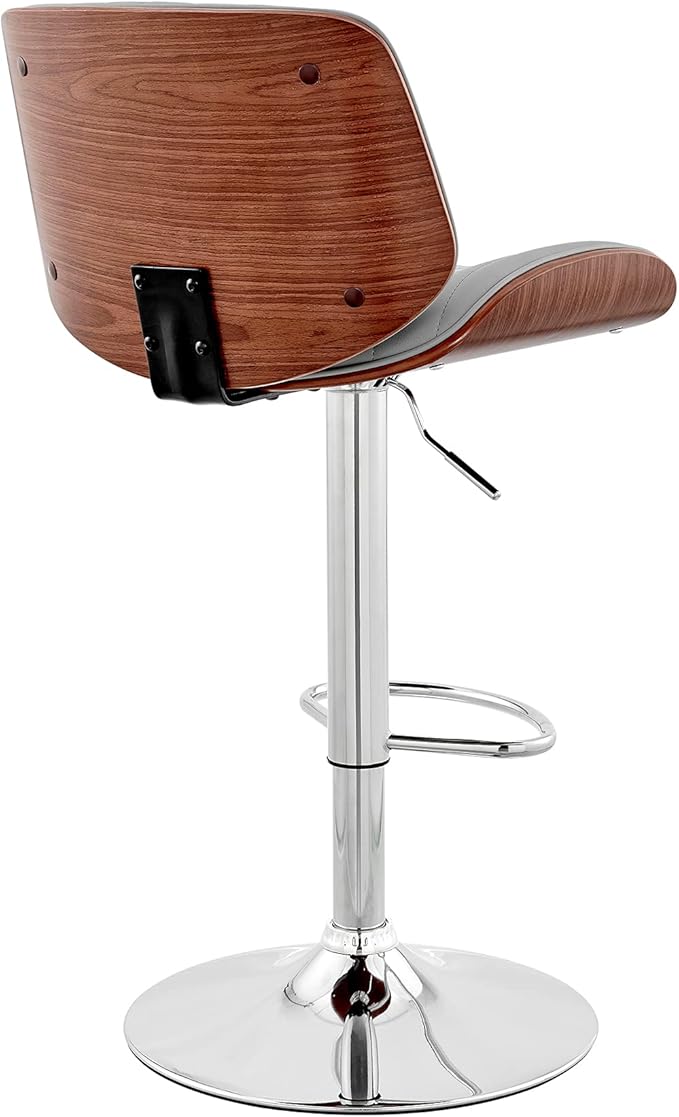 Armen Living Brock Modern Adjustable Height Swivel Gray Faux Leather and Walnut Wood Bar Stool with Chrome Base for Kitchen Island Counter