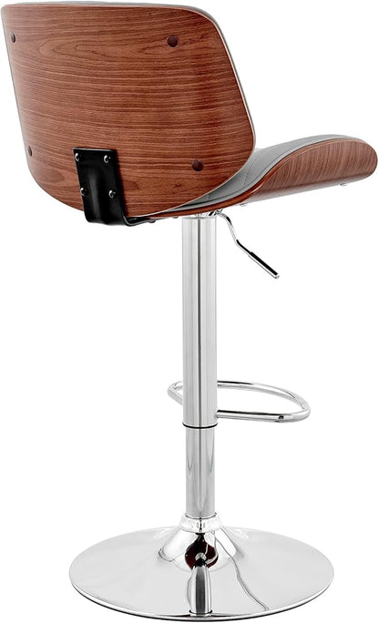 Armen Living Brock Modern Adjustable Height Swivel Gray Faux Leather and Walnut Wood Bar Stool with Chrome Base for Kitchen Island Counter