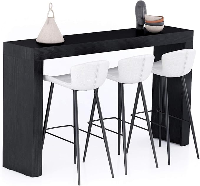 Mobili Fiver Evolution Tall Kitchen Bar Table Made in Italy | Space Saving, Counter Height Table for 3 | Modern Breakfast Bar Counter Top w/Cable Holder | Ashwood Black | 70,9'' x 15,7" in