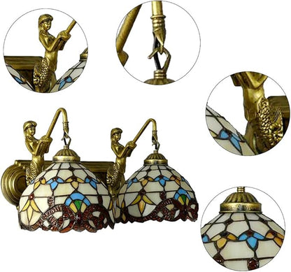 Tiffany Wall Sconce Lighting with Mermaid 2-Light Antique Wall Light Fixture Stained Glass Bowl Shade Bronze Finish Retro Vintage Wall Lamp for Bedroom Hallway Stairway Balcony Bathroom (Yellow)
