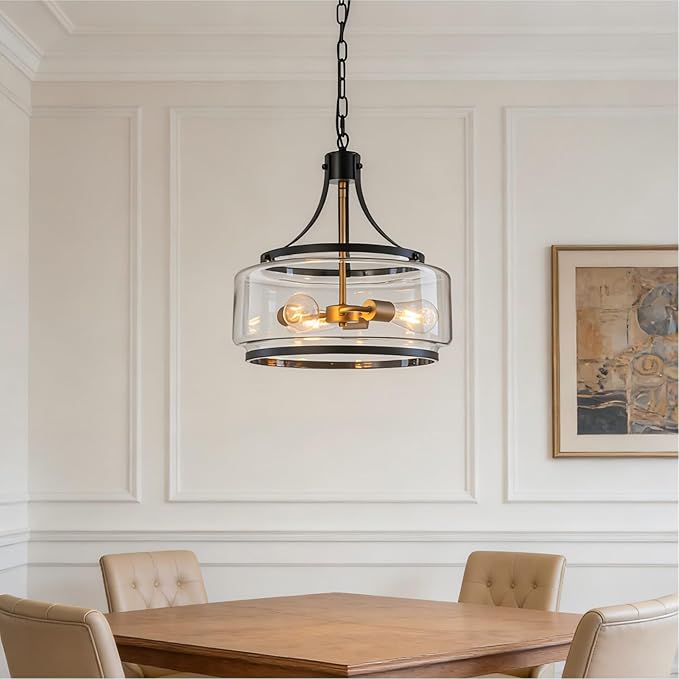 15.7 Inch Glass Drum Dining Room Light Fixture Over Table, Modern Black and Gold Chandeliers for Dining Room, Drum Pendant Light for Kitchen,Entryway,Living Room