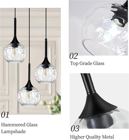 JHLBYL Glass Pendant Lights Kitchen Island: 5.91'' 3-Light Hammered Glass Pendant Light with Black Finish - Modern Minimalist Hanging Light Fixture for Kitchen Sink Dining Room - E26 Base