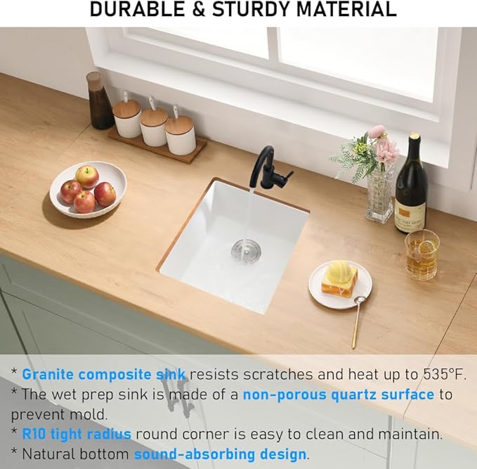 White Bar Sink Undermount, 13 x 13 Inch Small Kitchen Sink Granite Quartz Wet Bar Single Bowl Deep Basin and Mini Squeegee Combo
