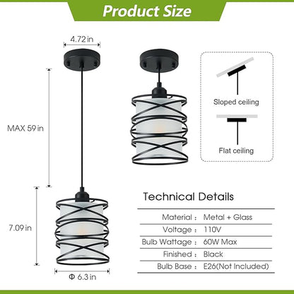3 Pack Frosted Glass Pendant Light Fixtures 6.3Inch Spiral Metal Cage Mini Pendant Lighting Handblown Kitchen Island Hanging Light Adjustable Cord Pendant Lamp for Dining Room Foyer Hallway, E26