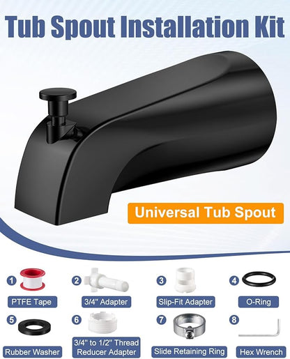 Universal Bathtub Tub Spout with Diverter, Fits 1/2" Slip-Fit Copper Pipe and 1/2" IPS & 3/4" IPS Thread Connections,Bathroom Tub Faucet Replacement with Adapters,PTFE Tape and Hex Wrench(Matte Black)