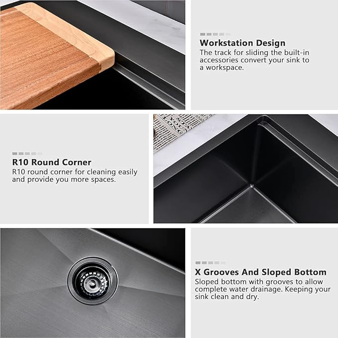 33 Inch Black Drop In Kitchen Sink Workstation-VASOYO 33x22 Kitchen Sink Drop In Black Stainless Steel Top Mount 16 Gauge Deep Single Bowl Overmount Sinks with Cutting Board