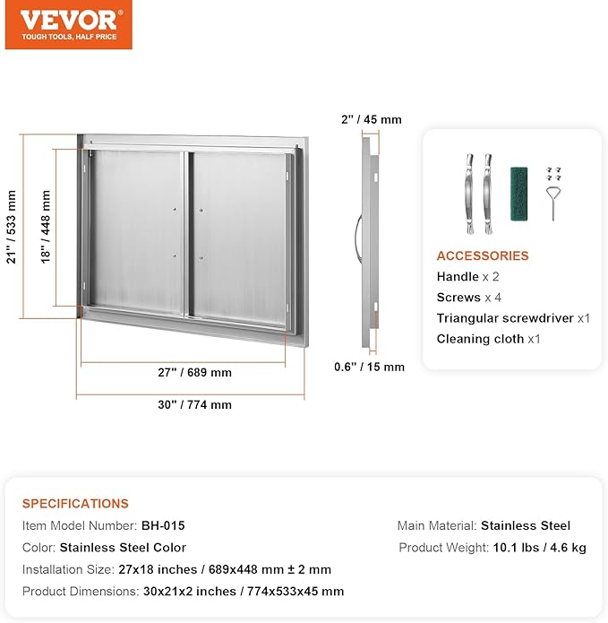 VEVOR BBQ Access Door, 30.5W x 21H Inch Double Outdoor Kitchen, Stainless Steel Flush Mount, Wall Vertical With Handles, for BBQ Island, Grilling Station, Outside Cabinet