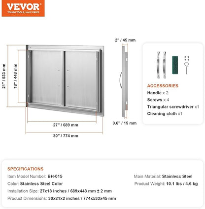 VEVOR BBQ Access Door, 30.5W x 21H Inch Double Outdoor Kitchen, Stainless Steel Flush Mount, Wall Vertical With Handles, for BBQ Island, Grilling Station, Outside Cabinet