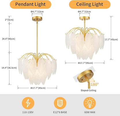 LumFurn 6-Light Gold Chandeliers, Modern 3-Tier Pendant Light Fixture for Dining Room, Living Room, Adjustable Height 19~51", Frosted Feather-Shaped Glass Shade & Brass Finish Frame