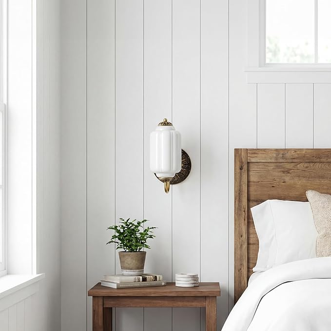 Vintage Milk White Glass Wall Sconce - Milk Glass Shade Antique Brass Indoor Wall Light for Bedroom, Living Room, and Hallway