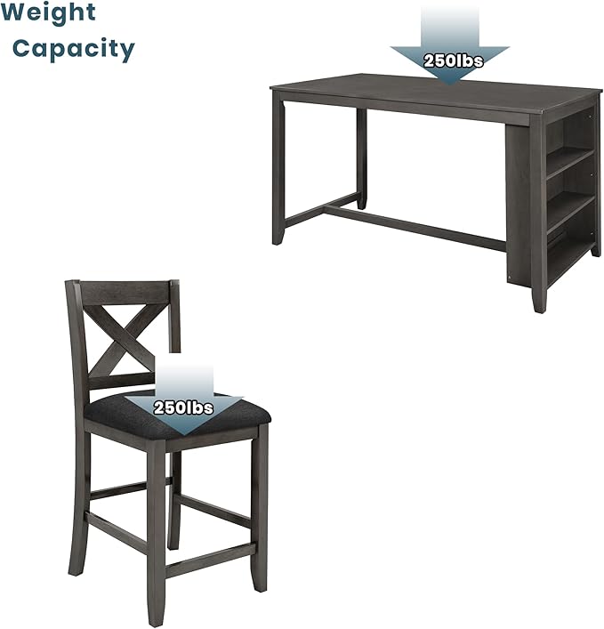 Counter Height Bar Table Set of 5,Rustic Farmhouse 4 Cushion Chairs with X Backs and Footrest for Kitchen,Dinning Room (Gray Tabletop+Frame+Fabric)