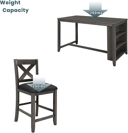 Counter Height Bar Table Set of 5,Rustic Farmhouse 4 Cushion Chairs with X Backs and Footrest for Kitchen,Dinning Room (Gray Tabletop+Frame+Fabric)