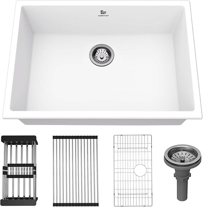 Quartz Kitchen Sink, 23 Inch White Undermount Kitchen Sinks, Deep Single Bowl Granite Composite Sink, Modern Sinks Providing Complete Accessories, Spacious Workspace and Easy Cleaning