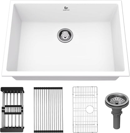 Quartz Kitchen Sink, 23 Inch White Undermount Kitchen Sinks, Deep Single Bowl Granite Composite Sink, Modern Sinks Providing Complete Accessories, Spacious Workspace and Easy Cleaning