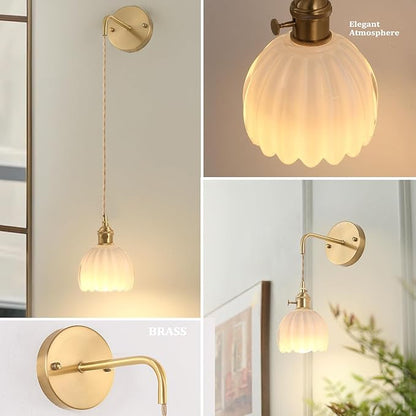 Shenmoyl Battery Operated Wall Sconce with White Tulip Shade Pattern Glass Adjustable Chain Retro Gold Wall Mounted Light, Modern Wall Lamp Fixtures Decor for Bedside Bedroom Indoor Doorway，Set of 2