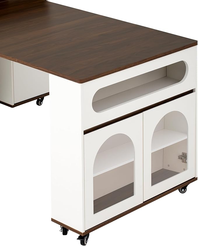 Merax Extendable Rolling Kitchen Island with Folding Table Top, Storage Cabinet with Drawers, Power Outlet & Locking Wheels for Kitchen, Dining Room, Small Space,White+Walnut