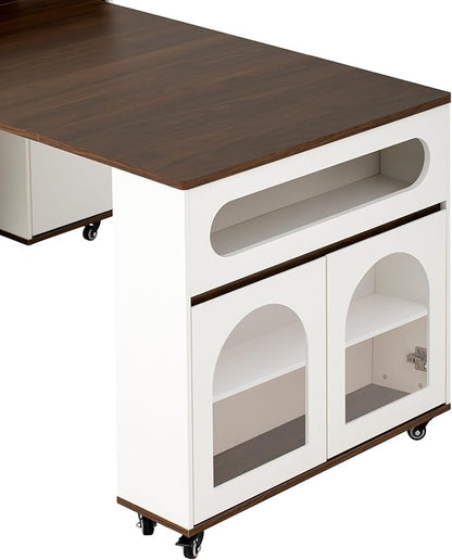 Merax Extendable Rolling Kitchen Island with Folding Table Top, Storage Cabinet with Drawers, Power Outlet & Locking Wheels for Kitchen, Dining Room, Small Space,White+Walnut