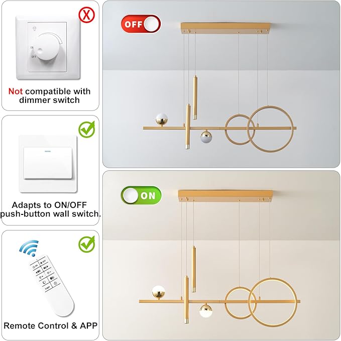 ORANOOR LED Gold Chandeliers for Dining Room, 39in Dimmable Modern Chandelier Gold Pendant Lights for Kitchen Island, Linear Ring Globe Pendant Light Fixtures Dining Room Lights Ceiling Hanging