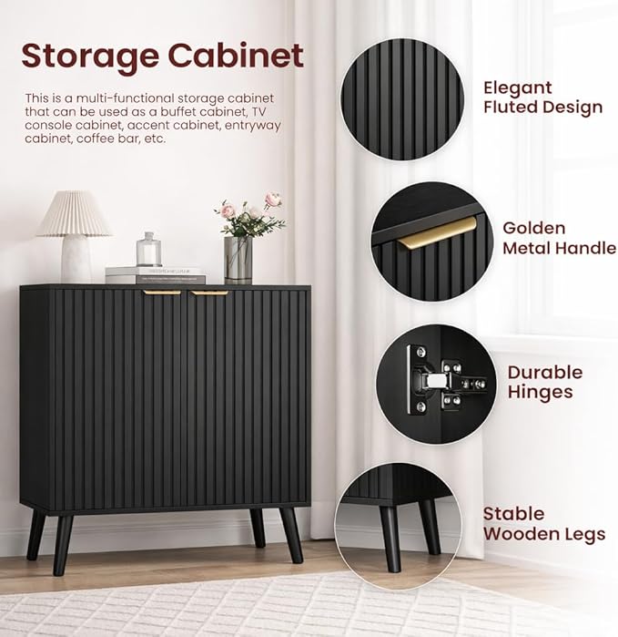 Pamapic Black Fluted Storage Cabinet, Sideboard Buffet with Doors and Shelf, Wooden Console Table & Credenza, Multifunctional Entryway Cabinet for Living Room, Dining Room (Black)