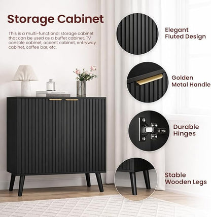 Pamapic Black Fluted Storage Cabinet, Sideboard Buffet with Doors and Shelf, Wooden Console Table & Credenza, Multifunctional Entryway Cabinet for Living Room, Dining Room (Black)