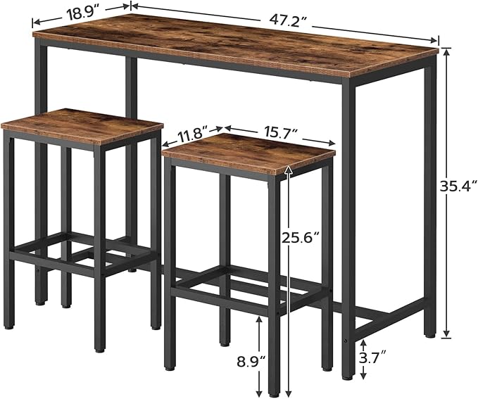 HOOBRO Bar Table Set and Kitchen Island, 47.2” Bar Table and 2 Bar Stools, Kitchen Counter with Hooks and Protective Rails for Kitchen, Living Room, Dining Room, Rustic Brown BF52BT01-BF02ZD01