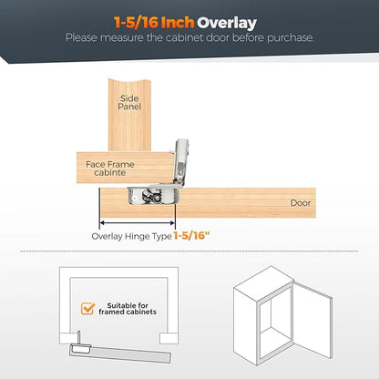 Home Expert 50 Pack (25 Pairs) 1-5/16" Overlay Soft Close Cabinet Hinges, Satin Nickel Stainless Steel Concealed Hinges with 3D Self-Closing for Face Frame Doors & Kitchens