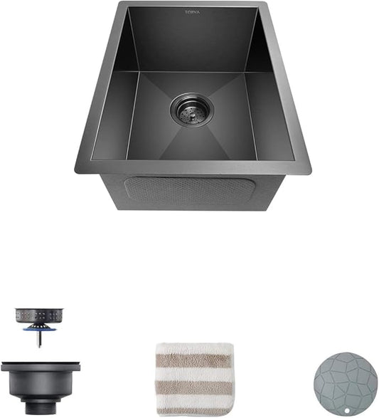Bar Sink, TORVA 14 x 18 Inch Undermount Kitchen Sink, Gloss Black PVD Coated Gunmetal Sink, 16 Gauge 304 Stainless Steel Single Bowl Wet Bar or Prep Sink with Zero-Radius Corners, Dark Gray