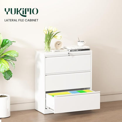 3 Drawer Lateral File Cabinet with Lock, Metal File Cabinets for Home Office, Office Furniture for Organization Hanging Legal/Letter/A4, Metal Filing Cabinet Storage Cabinet, Require Assembly, White