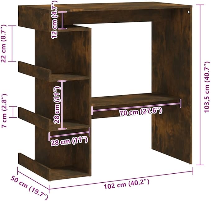 Smoked Oak Bar Table with Storage Rack, 40 Inch Height Dining Table for Kitchen, Living Room, and Breakfast Nook