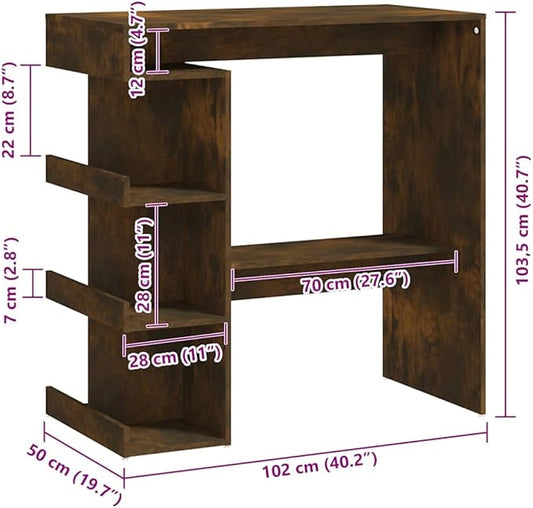 Bar Table with Storage Shelves, Smoked Oak Engineered Wood Pub Dining Table for Home Kitchen, Breakfast Nook, 39.4 x 19.7 x 40 Inch