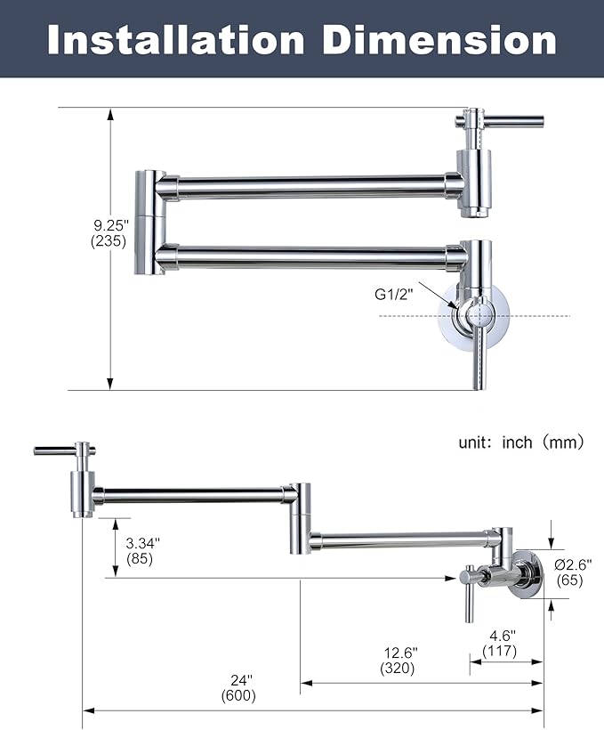 Wall Faucet, Pot Fillers Wall Mount for Kitchen, Solid Copper Chrome Pot Filler Single Hole Folding Faucet with Double Joint Swing Arm Pot Filler Over Stove
