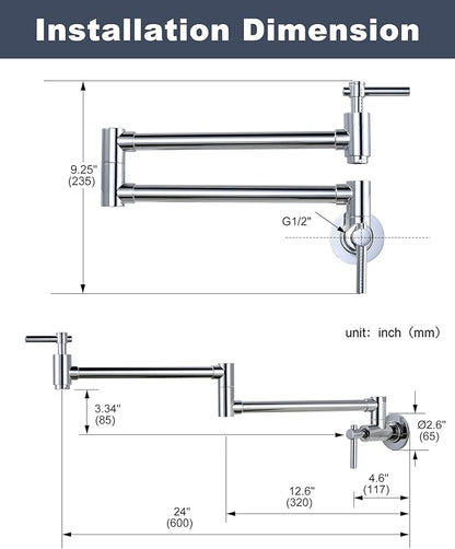 Wall Faucet, Pot Fillers Wall Mount for Kitchen, Solid Copper Chrome Pot Filler Single Hole Folding Faucet with Double Joint Swing Arm Pot Filler Over Stove