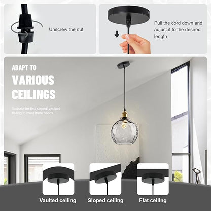Smoke Gray Glass Pendant Light, Vintage Pendant Lights Kitchen Island Dining Room Pendant Lighting with Hammered Globe Shade, Industrial Hanging Light 1-Light Chandelier for Bedroom Home Bar