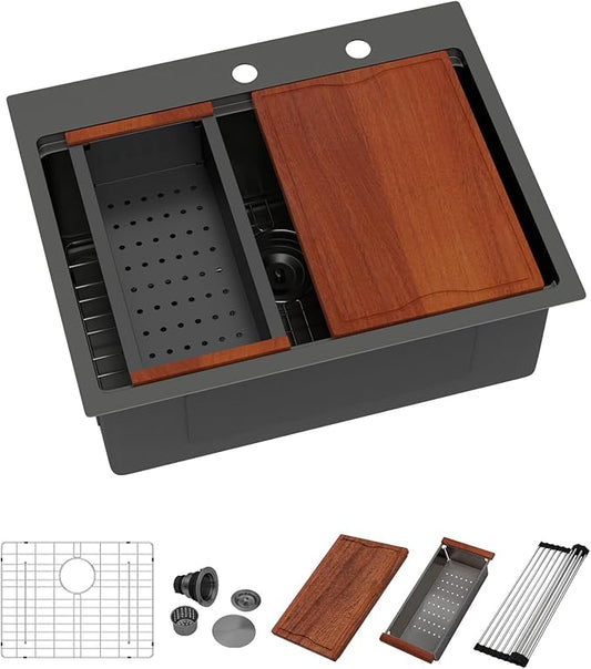 Dcolora 25 Inch Black Kitchen Sink Drop In, Nano-PVD Black Stainless Steel Workstation Sink Single Bowl Topmount with Accessories All-In-One, #DC-T8861 25"x20"x10"