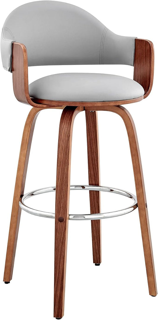 Armen Living Daxton Mid Century Modern Swivel Bar Stool for Kitchen Island Counter in Gray Faux Leather and Walnut Wood, 26" Seat Height