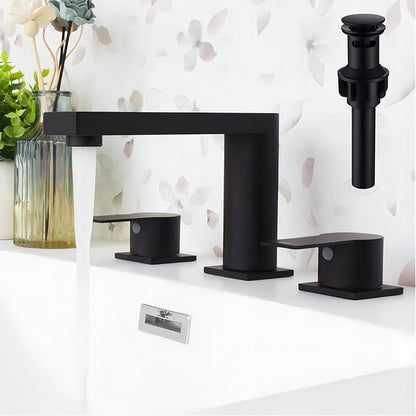 Black Bathroom Faucet 3 Hole Widespread Bathroom Faucet 8 Inch with Sink Pop Up Drain with Overflow Set Two Handles SUS304 Stainless Steel Vanity Faucets 8-12 Inches Matte Black, SFD4+SD-BK