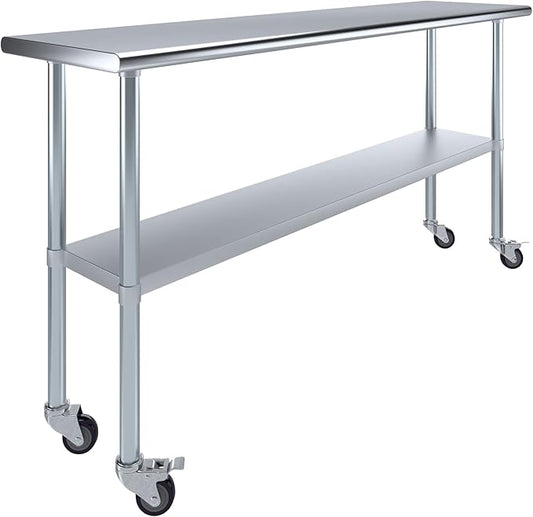 Stainless Steel Work Table with Wheels | NSF Kitchen Island Food Prep | Laundry Garage Utility Bench (Table + Wheels, 72" Long x 18" Deep)
