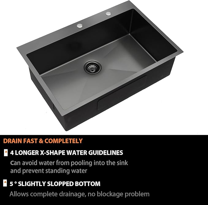 28 Drop Kitchen Sink Black Stainless Steel - Lordear 28x22 inch Gunmetal Black Kitchen Sink Drop In Stainless Steel Sink Single Bowl Gunmetal Black 16 Gauge Topmount Sink Basin