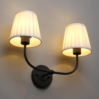 PERMO Vintage Double Sconce Black 2 Light Sconces with Pleated Beige Stripe Fabric Shades Wall Sconces Hardwired Light for Bathroom Bedroom Hallway