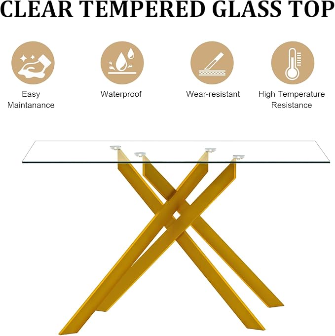 51inch Modern Glass Dining Table for 4, Kitchen Dining Room Table for 4, 0.32" Rectangular Tempered Glass Tabletop and Gold Metal Legs,Rectangle Dinner Tables for Kitchen, Dining Room